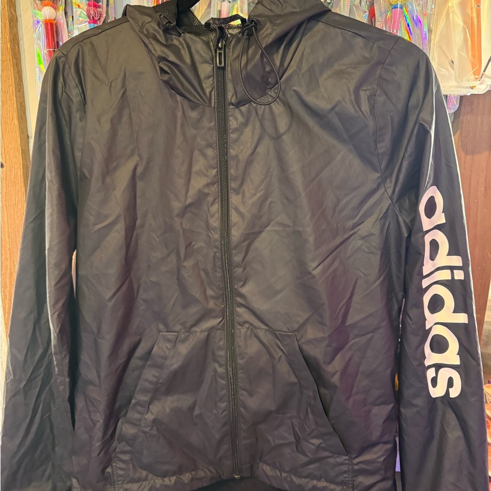 adidas Black Hooded Windbreaker with White Sleeve Logo
